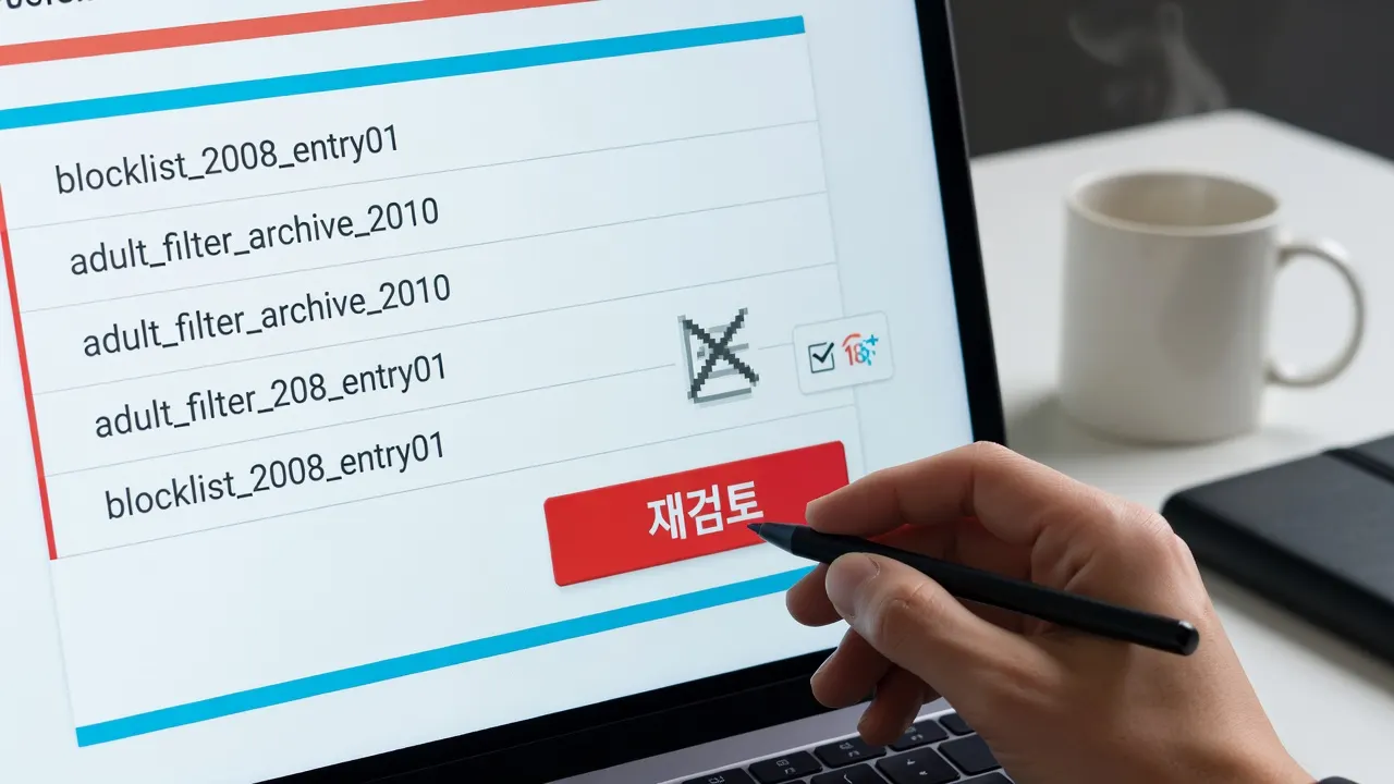 성인 플랫폼 설정 화면에서 오래된 차단 목록과 재검토 버튼, 새로운 콘텐츠 배지를 보여주는 이미지